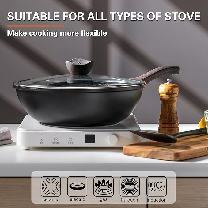 Nonstick Wok with Lid, 12 Inch Woks & Stir-fry Pans, Granite Stone Coating for Cooking, Induction Cookware, Compatible with All Stovetops, PFOA Free