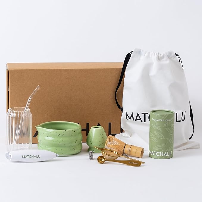 Matcha Whisk Set With Ceramic Matcha Bowl, Bamboo Whisk & Holder, Stainless Steel Spoon & Sifter, Glass Cup & Straw, Electric Frother, Storage Bag - Gift for Matcha Lovers (Premium 9-Piece Set Green)