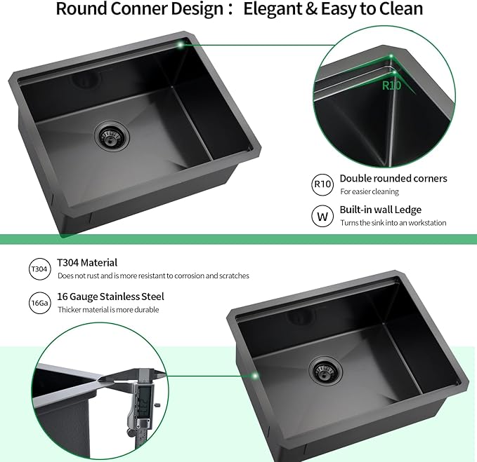 Undermount Kitchen Sink, 24 x 19 Inch Sink Kitchen 16 Gauge Stainless Steel Kitchen Sinks Gunmetal Black Single Bowl Workstation Sink with Cutting Board