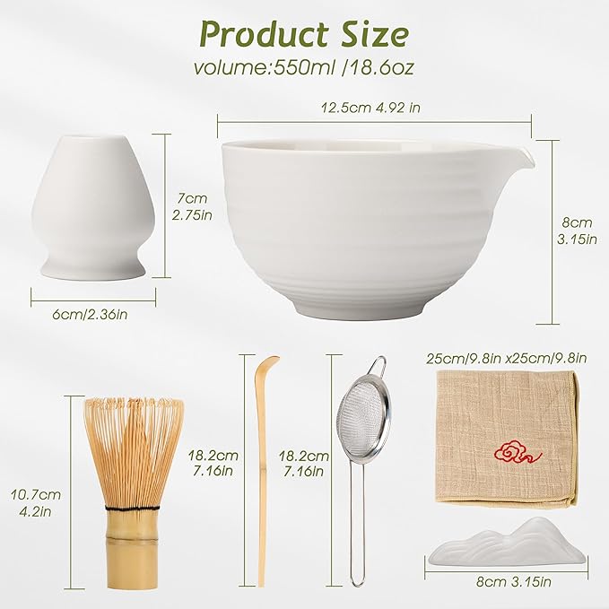 Matcha Tea Set 7 Pcs,Japanese Ceramic Bowl,Bamboo Matcha Whisk (Chasen), Scoop (Chashaku),Stainless Steel Sifter,Whisk Holder (white),Tea Towel