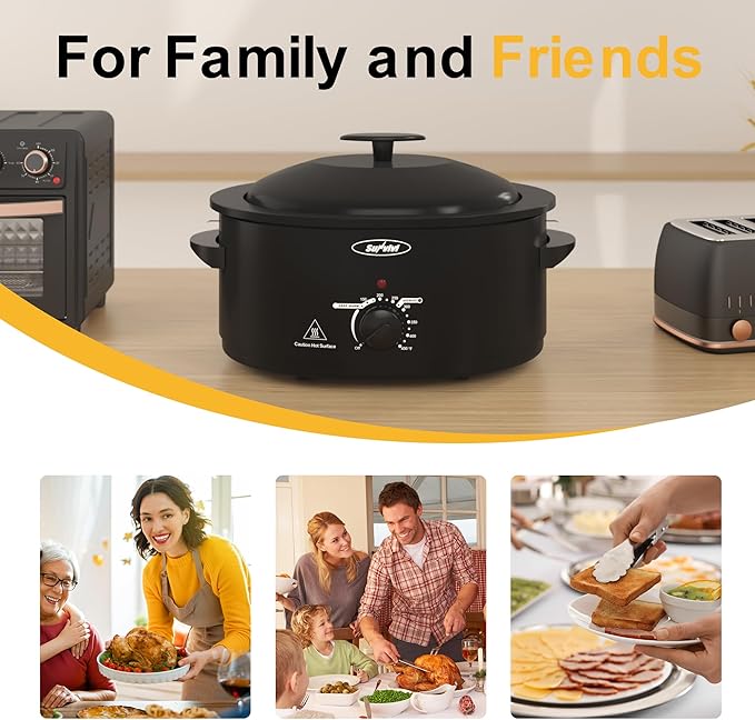 Roaster Oven with Self-Basting Lid, Electric Turkey Roaster Oven with Removable Pan and Rack, Stainless Steel, Black, 8 QT