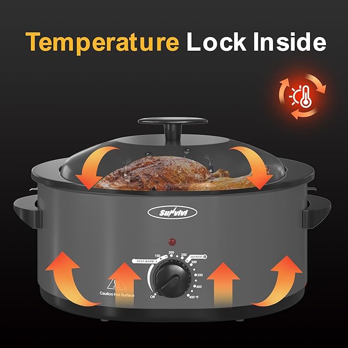 Slow Cooker with Self-Basting Lid, Electric Turkey Roaster Oven with Removable Pan and Rack, Stainless Steel, Grey, 8 QT