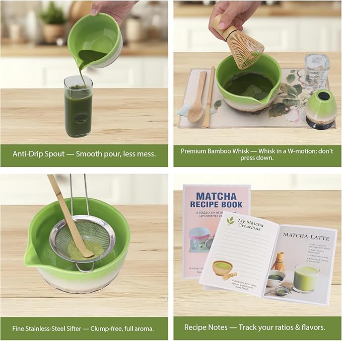Matcha Whisk Set – 10 Pcs Matcha Set Whisk and Bowl – Ceremonial Matcha Kit, Matcha Starter Kit & Accessories – Japanese Matcha Set Gift for Tea Ceremony and Matcha Lovers (Tri-Color Glazed)