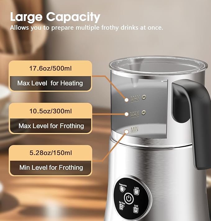 Milk Frother and Steamer, Large Capacity Detachable Electric Milk Frother, Automatic Warm and Cold Foam Maker, Stainless Steel Jug, BPA Free