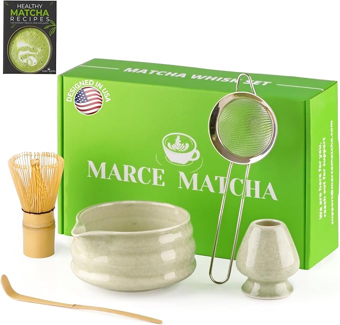 Matcha Whisk Set- Matcha Set includes Matcha Whisk and Bowl (Bowl with Spout), Sifter, Holder and Scoop- The Perfect Bamboo Whisk for Matcha Tea (Molted Green)