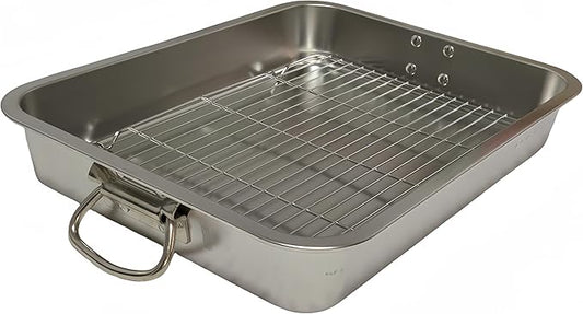 Generic Roasting Pan Stainless steel Roasting pan Turkey Roasting pan with grill Rectangular grill suitable for Turkey, roast chicken and ham (23.4x15.6x2.8in), Silver
