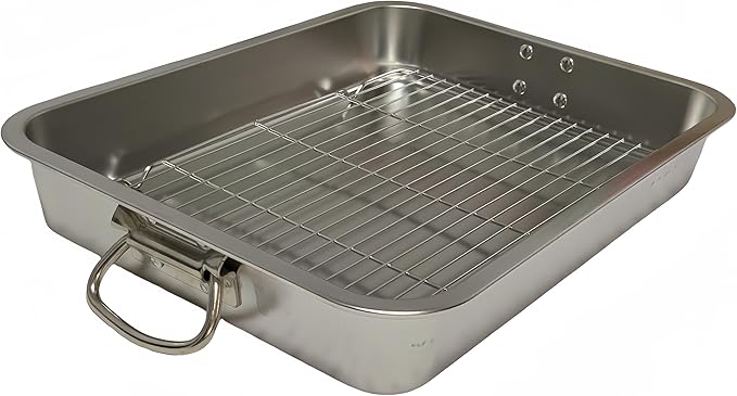 Generic Roasting Pan Stainless steel Roasting pan Turkey Roasting pan with grill Rectangular grill suitable for Turkey, roast chicken and ham (19.5x13.6x2.8in), Silver
