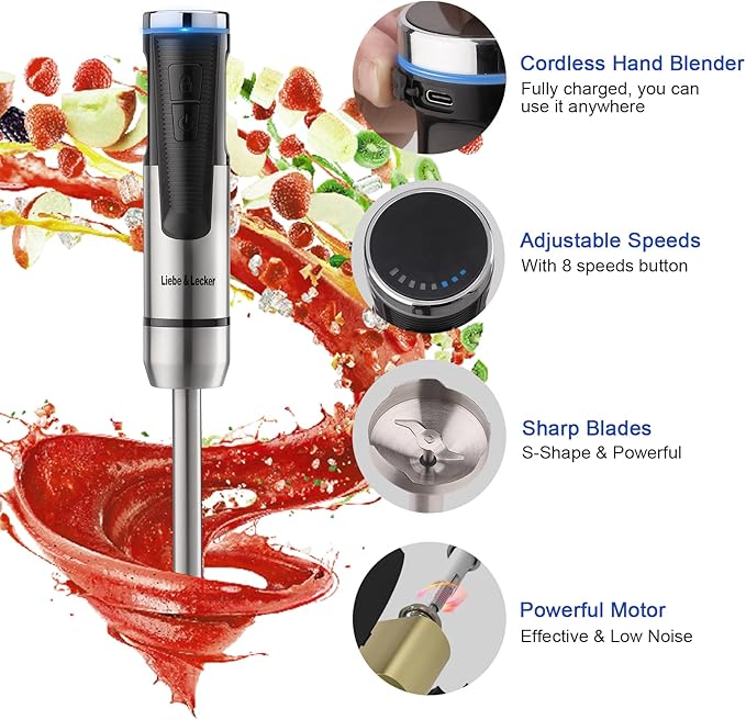 Liebe&Lecker Immersion Blender Handheld Cordless, 3 in 1 Cordless Hand Blender, 8 Speed Cordless Immersion Blender, Wireless Handheld Portable Stick Mixer with Whisk Milk Frother for Soup Smoothie