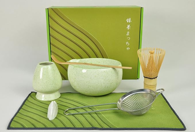 Matcha Whisk Set, Ceramic Matcha Set Includes Matcha Bowl, Matcha Whisk Chasen and Whisk Holder, Sifter, Bamboo Scoop, Scoop Rest and Tea Towel-7 Pcs Matcha Kit for Matcha Lovers (Sage Green)