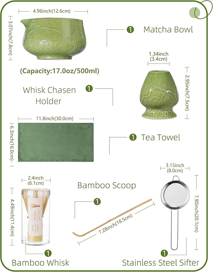 ZENS Matcha Whisk Set, 15oz Ceramic Matcha Set Includes Matcha Bowl, Bamboo Whisk & Chasen Holder, Sifter, Scoop & Tea Towel, 6pcs Matcha Kit for Matcha Latte, Emerald Green