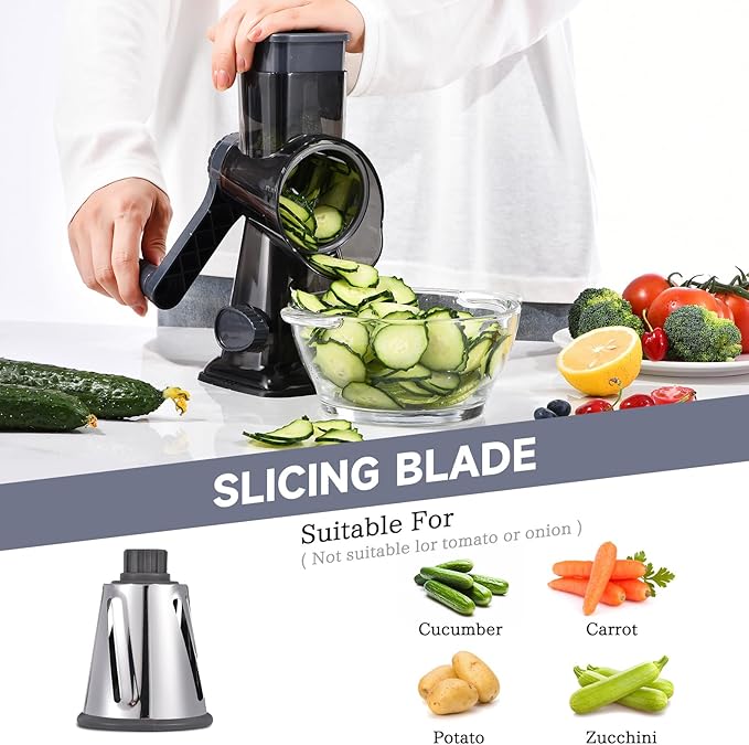 Rotary Cheese Grater with Handle Kitchen Shredder Slicer Grater Slicer Ice Shaver Cheese Vegetable Nuts Potato Zucchini Chocolate 3 Interchangeable Blades
