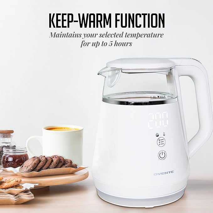 OVENTE Electric Kettle with 5 Temperature Control Presets, LED Digital Display, 5Hr Keep Warm Function, Auto Shut-Off and Boil Dry Protection, 1500W BPA Free Glass Water Heater and Boiler, White KD95W