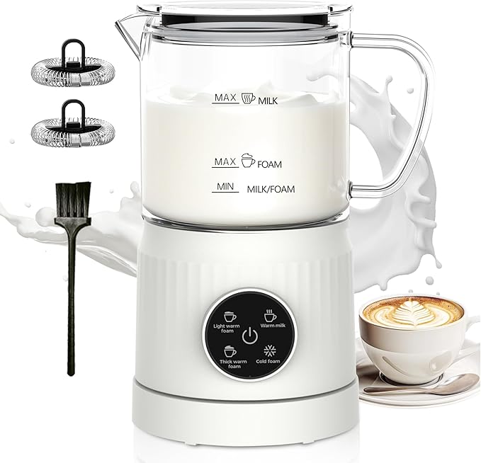4-in-1 Milk Frother, Electric Milk Frother and Steamer with LED Touch Screen, Non-stick Bottom, Milk Warmer 13.52oz for Lattes, Cappuccinos, and Macchiatos at Home, White