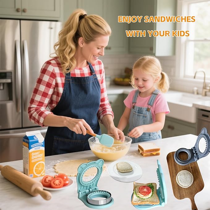 Sandwich Cutter and Sealer - 3.7" Circle & Square Pocket Sandwich Maker, Intuitive & Easy-to-Use for Boys &Girls, Perfect for Breakfast & Lunchboxes (Light Blue, Round)