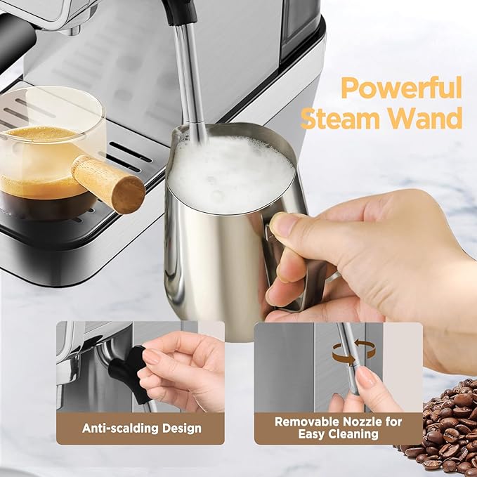 Espresso Machine,15 Bar Semi-Automatic Espresso Maker with Milk Frother,Compact Stainless Steel Coffee Machine with 40oz Removable Water Tank for Cappuccino,Latte, Americano,Sliver for Home