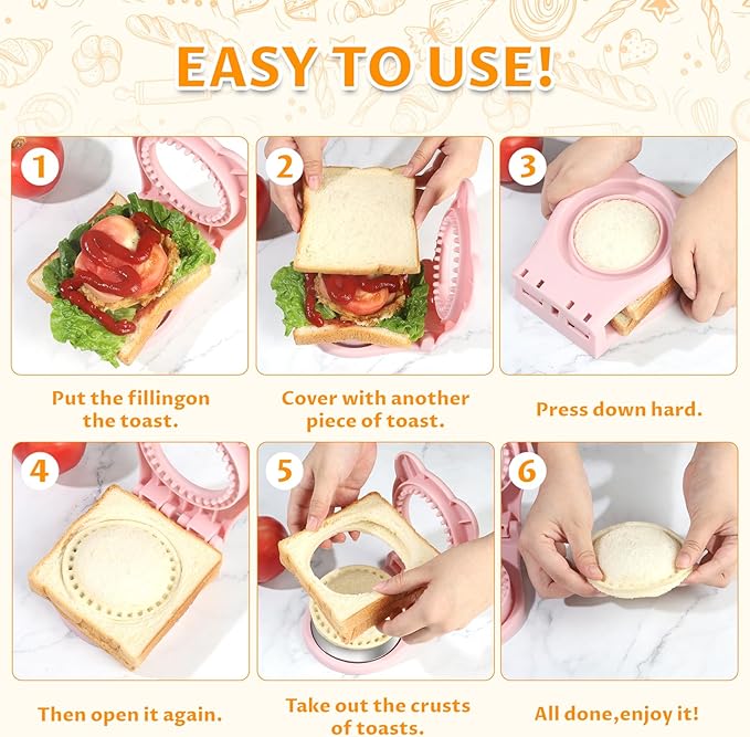 Uncrustable Sandwich Maker,Sandwiches Pocket Circle Shape 3.7Inch Sandwich Cutter and Sealer,Sandwich Cutter for Kids Breakfast and lunchboxes (Pink)