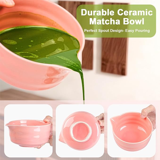 Matcha Whisk Set - 5Pcs Japanese Tea Set Includes Ceramic Matcha Bowl with Spout, Bamboo Whisk with Holder, Scoop and Sifter, Essential Matcha Kit for Tea Ceremony, Gift for Beginners (Pink)