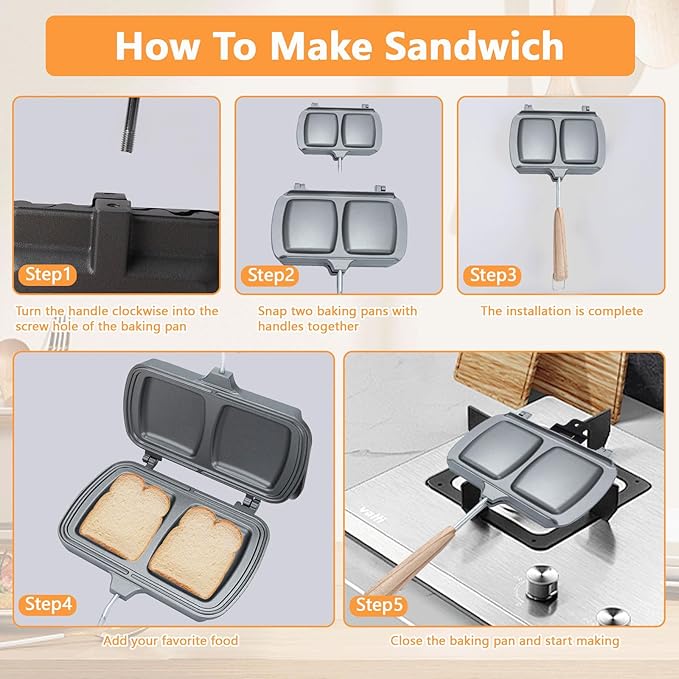 Qivine Breakfast Sandwich Maker, Double-Side Hot Dog Toaster, Nonstick Sandwich Baking Pan Hot Dog Bun Pan, Campfire Sandwich Maker With Removable Handle for Breakfast Pancakes, Toast, Omelets