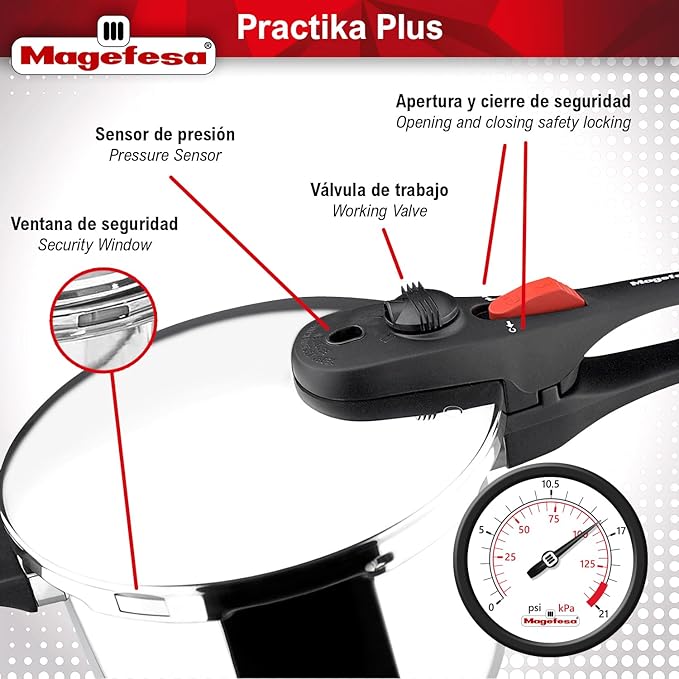 MAGEFESA Practika Plus 3.4-Quart Pressure Cooker – 18/10 Stainless Steel, Induction Compatible, 5-Layer Heat Diffuser Bottom, 5 Safety Systems, Even Heat Distribution