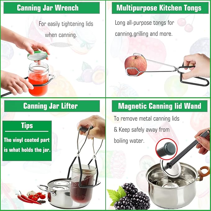 Canning Supplies Starter Kit, Stainless Steel Canning Set Tools: Rack, Ladle, Measuring Spoons, Funnel, Tongs, Jar Lifter, Lid Lifter & Accessories for Canner/Pot, Beginner, Home Canning Kit - Black