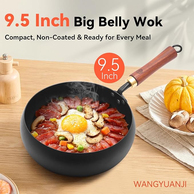 Wrought Iron Flat Bottom Wok with Glass Lid – Detachable Wooden Handle, Non-Coated Naturally Nonstick Frying Pan for Gas, Electric & Induction Stoves (Black Deep-Bowl Wok, 9.5 inch)