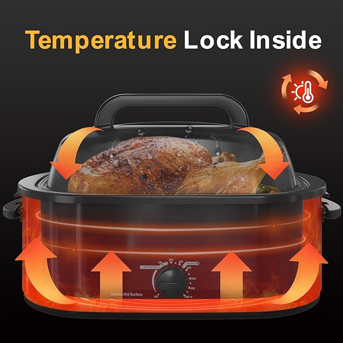 RoyalCraft 24-Quart Electric Roaster Oven with Visible Self-Basting Lid, Turkey Roaster Oven with Removable Pan and Rack, Perfect for Large Meals and Holiday Feasts, Red