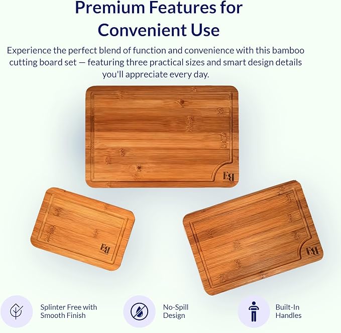 Crack Resistant Cutting Boards for Kitchen Serving & Meal Prep - Bamboo Wood Board Set with Deep Juice Grooves & Side Handles - Charcuterie & Chopping Butcher Block for Meat (3 Pcs)