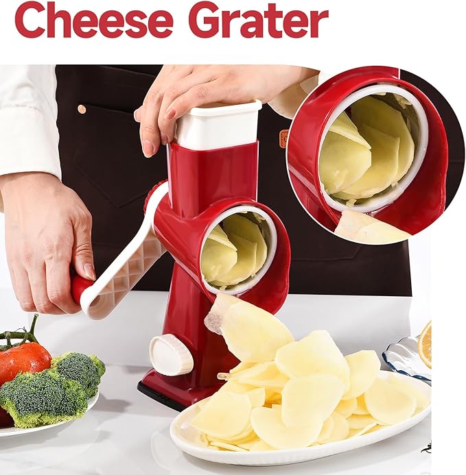 Rotary Cheese Grater with Handle Kitchen Shredder Slicer Grater Slicer Ice Shaver Cheese Vegetable Nuts Potato Zucchini Chocolate 3 Interchangeable Blades