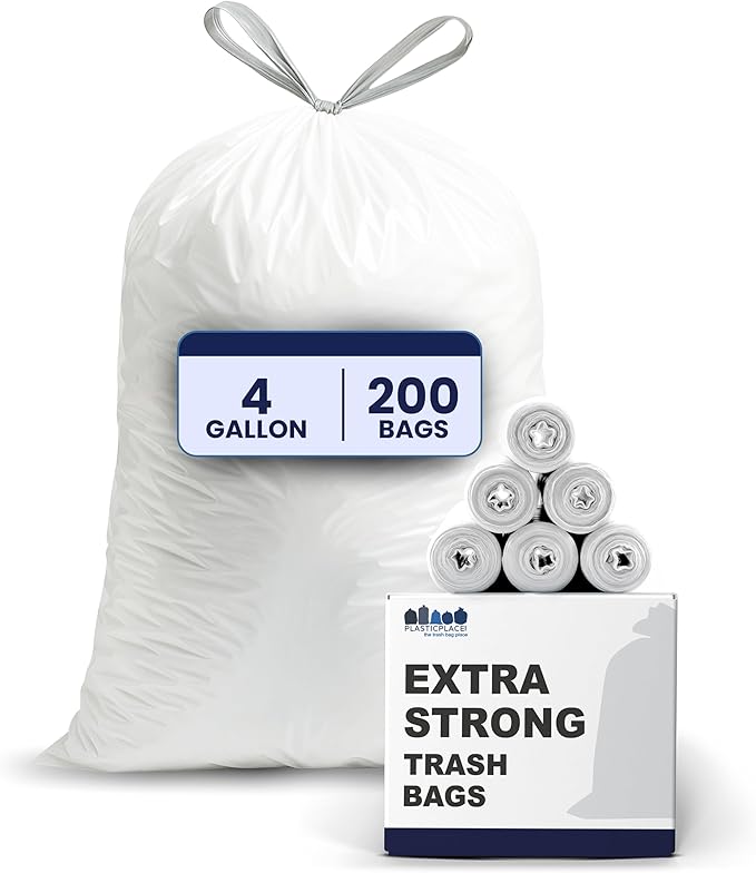 Plasticplace 4 Gallon White Drawstring Trash Bags, 200 Count (Pack of 1) – 0.7 Mil Leak-Proof Garbage Liners for Small Trash Can, Bathroom, Kitchen, Office, and Car Use