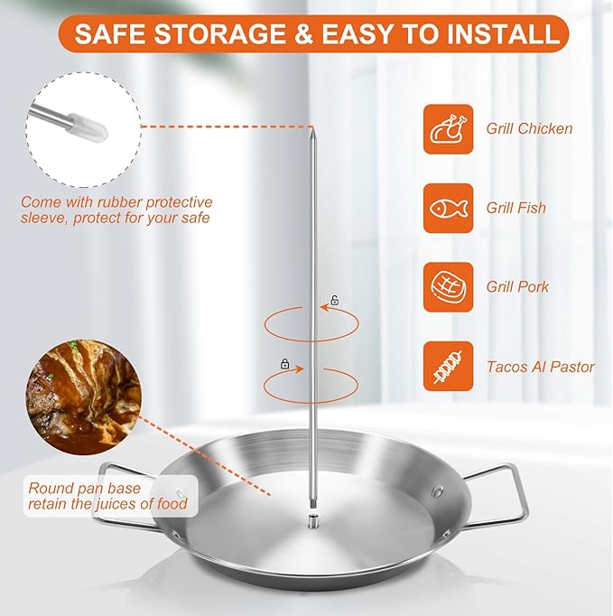 Al Pastor Skewer for Grill, Stainless Steel Vertical Skewer, Brazilian Vertical Spit with 5 Removable Spikes(6"/8”/10"/12”/14")& Brushes, for Tacos Al Pastor, Shawarma Kebabs Smoker Oven BBQ Dishes