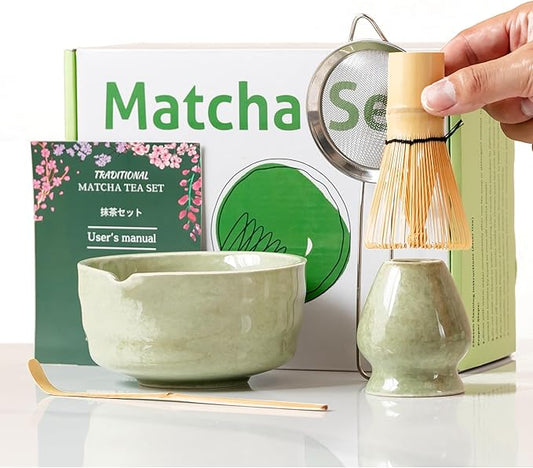 Dreizehn Matcha Whisk Set – 5 Piece Matcha Kit with Bowl, Whisk, Scoop, Sifter & Jar – Japanese Style Tea Set for Making Smooth and Frothy Matcha Green Tea at Home or as a Gift, Mottled Green