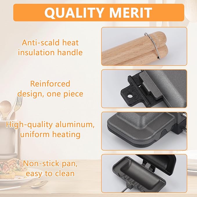 Qivine Hot Sandwich Maker, 4w1h Sandwich Maker Double Sided Pie Iron Non-Stick Cast Iron Sandwich Maker Panini Press Pan With Removable Handles For Breakfast Pancakes, Toast, Omelets (Type A)