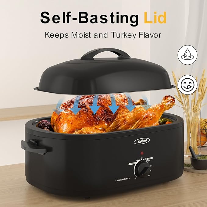 Roaster Oven, Electric Roaster Oven with Viewing Lid, Large Roaster with Removable Pan & Rack, Turkey Roaster with Unique Defrost/Warm Function, Stainless Steel, Black, 18QT