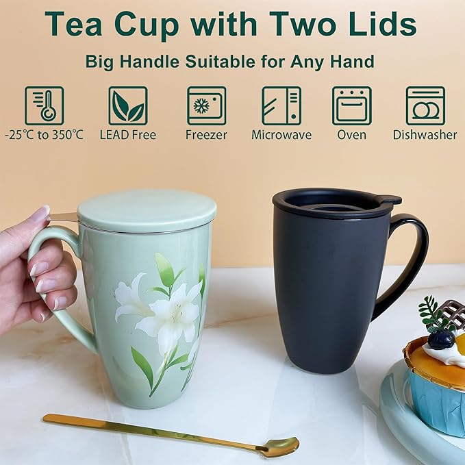 Tea Infuser Cup, 17oz Porcelain Large Tea Mugs with Infuser and Lid for Housewarming, Graduation, Retirement, Lily Green