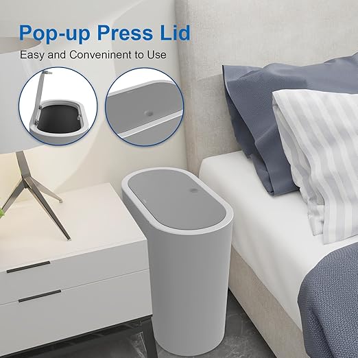 Naisu 15 Liter Rectangular Plastic Trash Can Wastebasket with Press Type Lid,4 Gallon Slim Plastic Trash Bin, Trash Can Waste Bins for Bedroom, Bathroom, Office, Kitche, Powder Room（Grey）