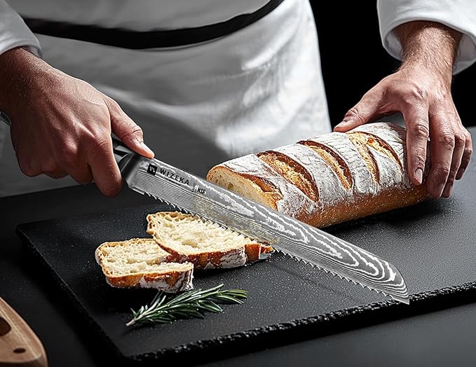 WIZEKA Serrated Bread Knife: 10 inch Damascus Bread Knife for Homemade Bread: Razor Sharp VG10 Damascus Steel Multifunction Serrated Knife for Slicing Homemade Bread, Bagels, Cake
