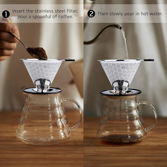 Pour Over Coffee Filter Dripper, Reusable Stainless Steel Metal Drip Coffee Maker Cone, Paperless Permanent Coffee Strainer, Coffee Mesh Filters for 1-4 Cup with Cleaning Brush