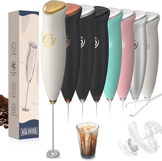 Milk Frother Wand Coffee Frother Handheld Drink Mixer Handheld with 2 Whisks Electric Whisk Stirrers Electric Milk Frother for Coffee Mixer Wand Milk Foamer-White/Gold
