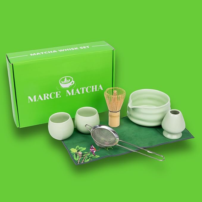Matcha Whisk Set- Matcha Set includes Matcha Whisk and Bowl (Bowl with Spout), Sifter, Holder and Scoop- The Perfect Bamboo Whisk for Matcha Tea (Green- 7PC)