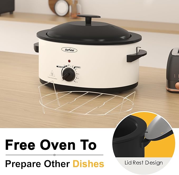Sunvivi Roaster Oven with Self-Basting Lid, Electric 8-Quart Turkey Roaster Oven with Removable Pan and Rack, Stainless Steel, White