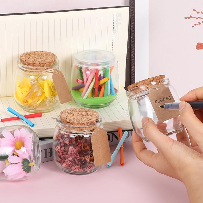 40 Pack 7 oz Glass Yogurt Jars with Cork Lids and PE Lids, Small Glass Pudding Jars, Glass Jars for Wedding Favors, Milk, Jams and DIY Gift, Label, Tags and Twine included