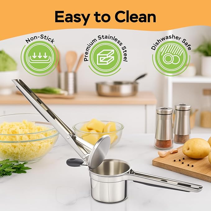 Potato Ricer and Masher Stainless Steel, Large 15 oz Heavy Duty Ricer for Mashed Potatoes, Potato Press Masher with Silicone Handle, Professional Kitchen Press Tool for Potatoes, Vegetables and Fruits