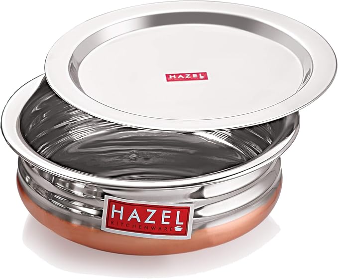 HAZEL Stainless Steel Copper Bottom Handi Set with Lids | Traditional Indian Cookware & Serveware | Set of 4 (0.8, 1.3, 1.7, 2.1 Quarts) | Durable Pots for Curry, Biryani & More