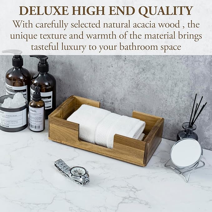 MyGift Modern Metal Wire Bathroom Paper Hand Towel Holder in Brass Tone Finish, Guest Bathroom Countertop Vanity Disposable Folded Trifold, C-fold, (Acacia Wood)
