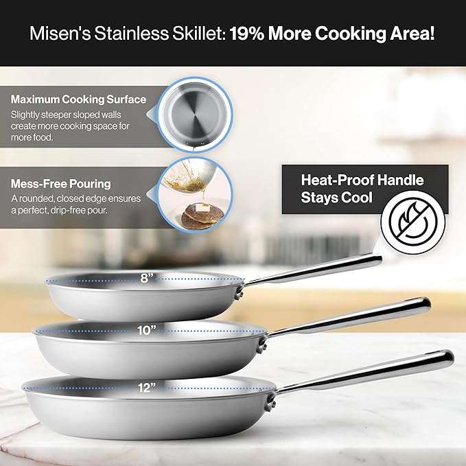 Misen 5-Ply Stainless Steel 10" Frying Pan - Professional Cookware for Induction, Gas and Electric - Dishwasher Safe, Oven Safe to 800°F - Durable, Versatile, Even Heating