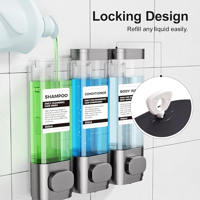 3-Chamber Wall Mounted Shampoo and Conditioner Dispenser,300ML Each Shower Soap Dispenser,Easy Refill,No Drip,Ideal for Shampoo,Conditioner,Body Wash for Bathroom Kitchen Hotel