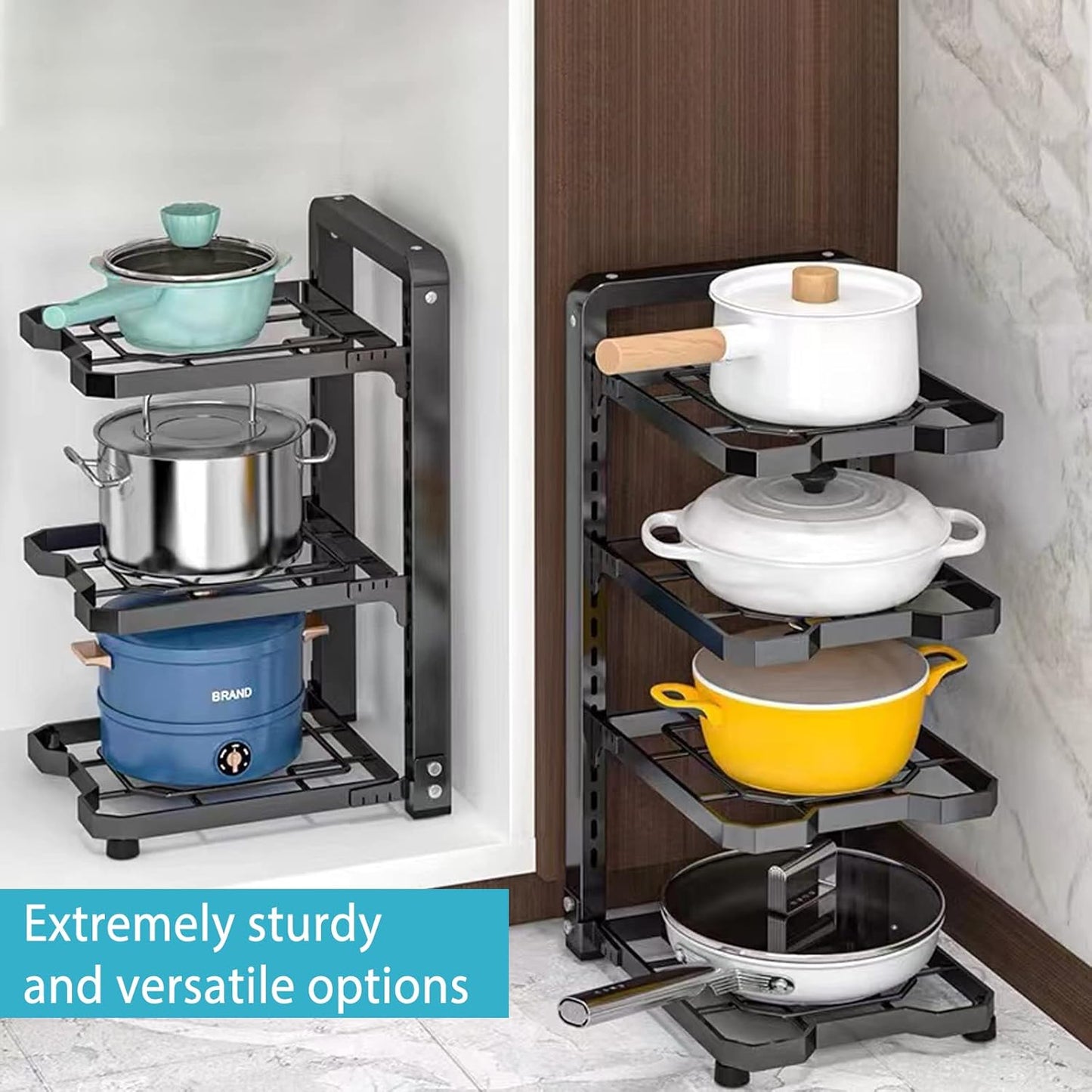 Pot and Pan Organizer Rack for under Cabinet, Heavy Duty Pot Pan Rack under Sink Organizers and Storage, Pot lid organizer, Kitchen Cabinet Organizer with 4 Adjustable Tiers