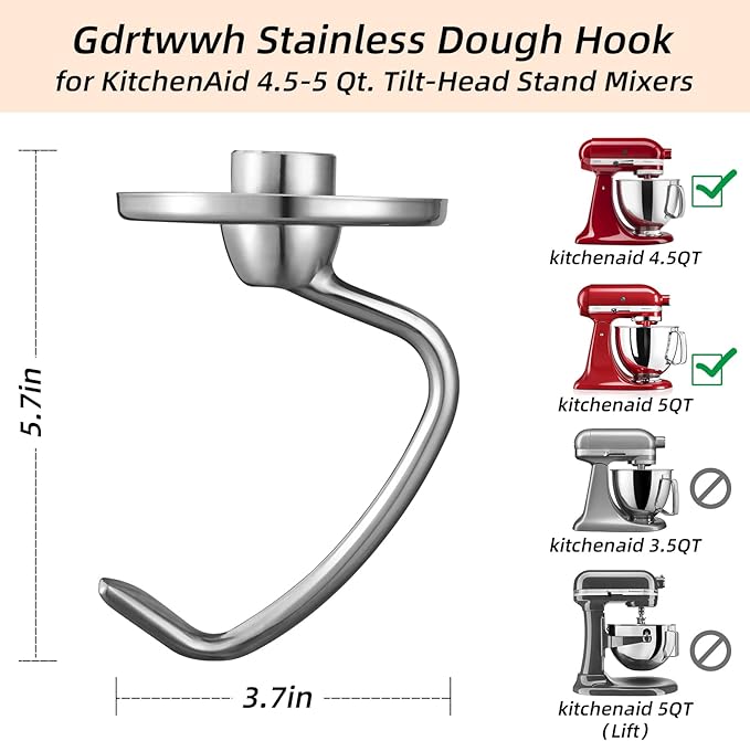 Gdrtwwh Stainless Steel Dough Hook Attachment for KitchenAid 4.5-5 Quart Tilt-Head Stand Mixer,Replacement Parts Bread Hook, Dishwasher Safe(Replace K45DH)