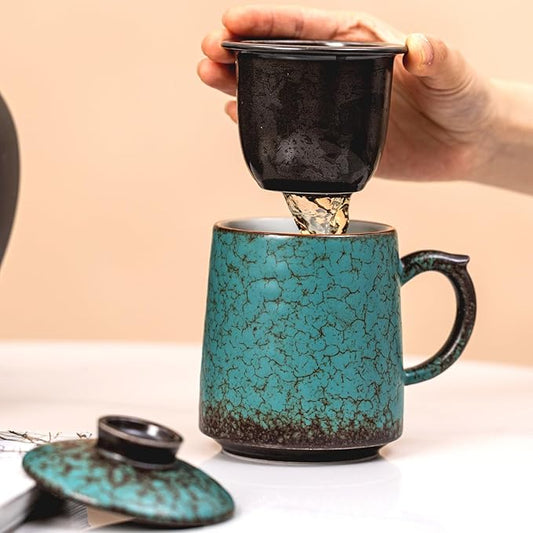 Tea Cup with Infuser and Lid 15oz - Kiln-Transformed Ceramic Mug with Peacock Glaze, Unique Loose Leaf Tea Set, Anniversary Birthday Gift