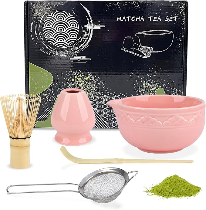 5Pcs Ceramic Matcha Set, Matcha Whisk Set, Tea Set Includes Matcha Bowl, Matcha Whisk and Holder, Sifter, Bamboo Tascoop (Pink)